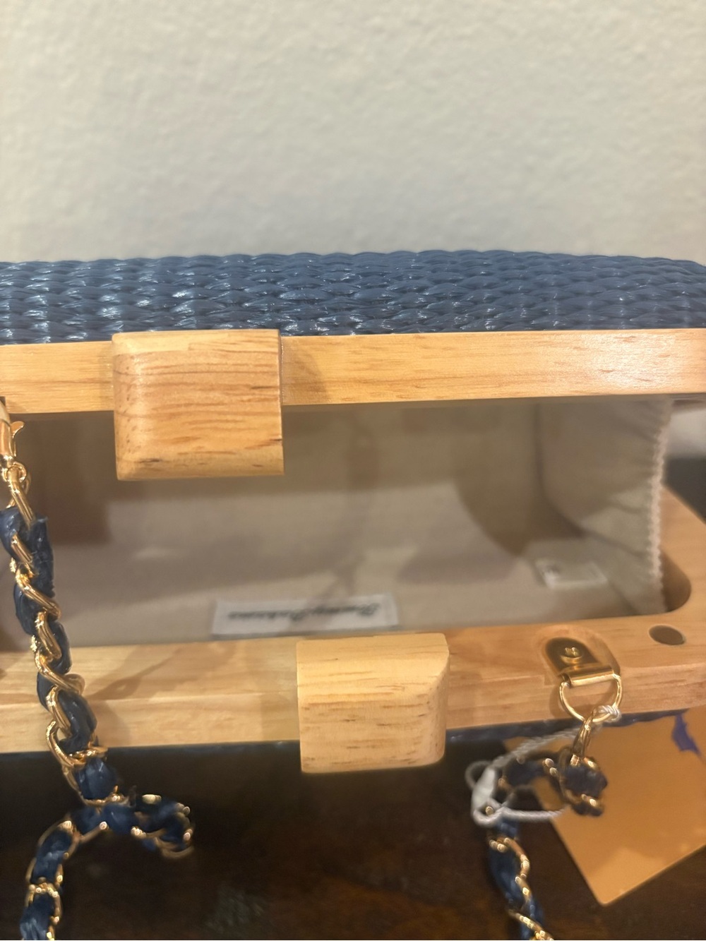 Tommy Bahama Navy Woven Box Clutch with Gold Chain - Picture 3 of 4